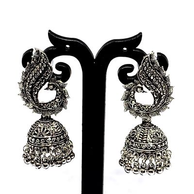 Peacock Silver Oxidized Jhumki Zinc Drops