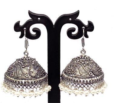 Silver Jhumki Oxidised Jhumka Pearl Drop Earrings