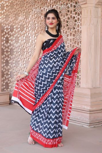 Adorable Fancy Festival Mulmul Saree Black-Red