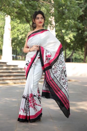 Adorable Fancy Festival Mulmul Saree White_Pink