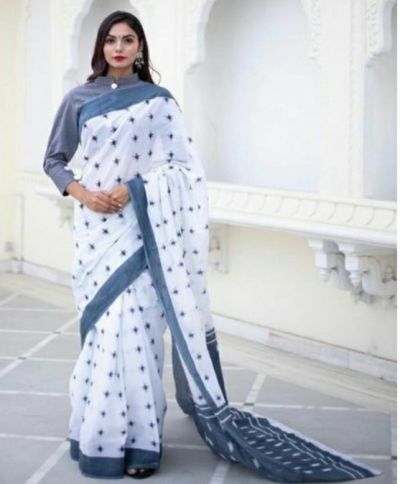 Adorable Fancy Festival Mulmul Saree White_ Light Blue