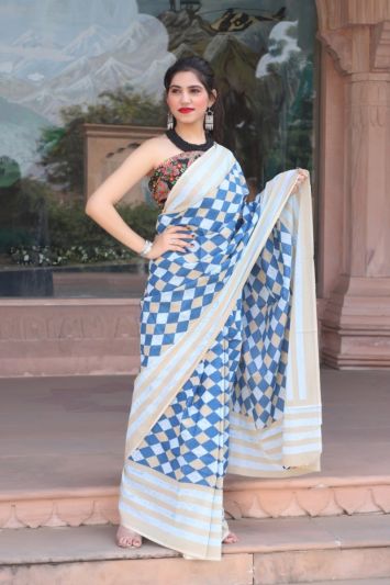 Adorable Fancy Festival Mulmul Saree Light Blue