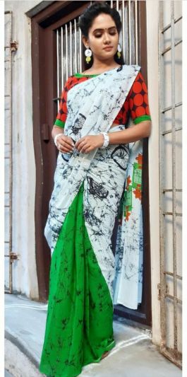 Adorable Fancy Festival Mulmul Saree White-Green