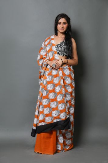 Adorable Fancy Festival Mulmul Saree Orange_White Print