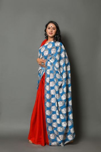 Adorable Fancy Festival Mulmul Saree Red & Blue