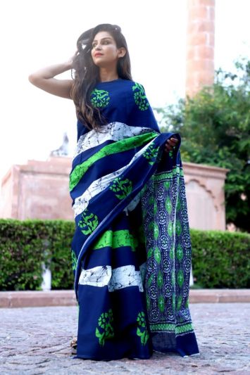 Adorable Fancy Festival Mulmul Saree Dark Blue_Green