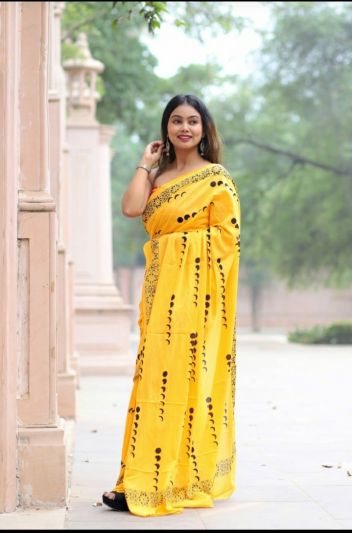 Adorable Fancy Festival Mulmul Saree Yellow
