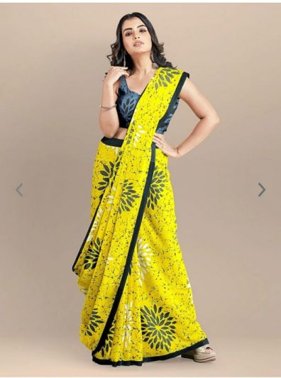 Adorable Fancy Festival Mulmul Saree Lemon & Black