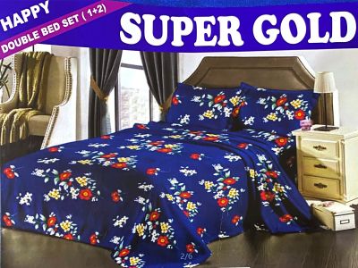90 X 100 Dark Blue Flower Printed Super Gold DoubleBed Bed Sheet