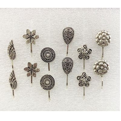 Black Silver Plated Alloy Nose Ring Set Pack Of - 12