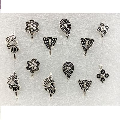Black Silver Plated Alloy Nose Ring Set Pack Of - 12