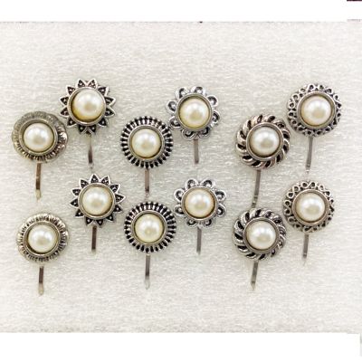 Black Silver Round Pearl Silver Plated Alloy Nose Ring Set Pack Of - 12