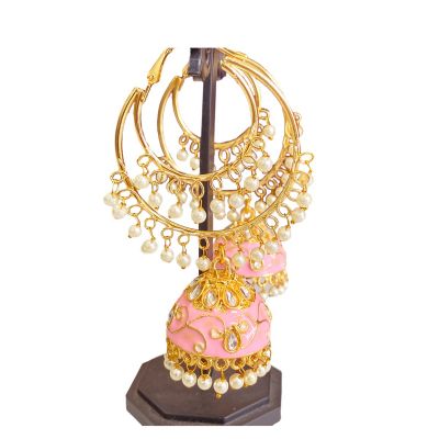Pink Enamel Painted with Pearls Gold Plated Jhumka Earrings