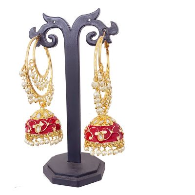 Red Enamel Painted with Pearls Gold Plated Jhumka Earrings