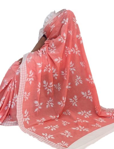 NEW PURE COTTON MULMUL HAND BLOCK PRINTED SAREE WITH BLOUSE Light Pink White Printed