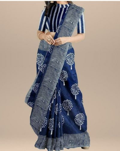 NEW PURE COTTON MULMUL HAND BLOCK PRINTED SAREE WITH BLOUSE Dark Blue White Printed