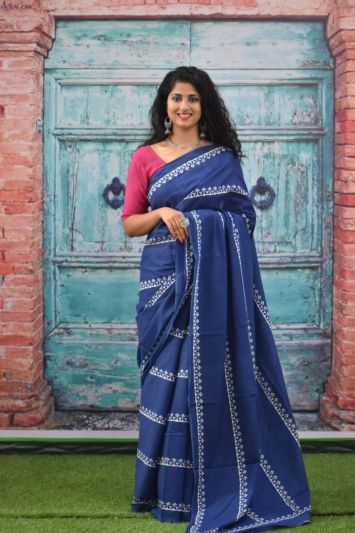 NEW PURE COTTON MULMUL HAND BLOCK PRINTED SAREE WITH BLOUSE Dark Blue