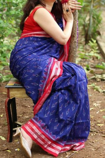 NEW PURE COTTON MULMUL HAND BLOCK PRINTED SAREE WITH BLOUSE - Blue 