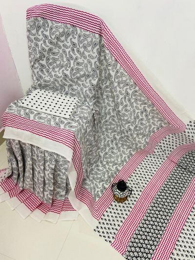 NEW PURE COTTON MULMUL HAND BLOCK PRINTED SAREE WITH BLOUSE- White Multi Color Printed