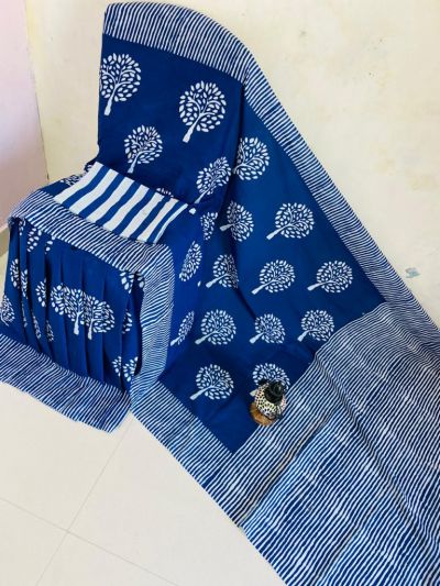 NEW PURE COTTON MULMUL HAND BLOCK PRINTED SAREE WITH BLOUSE-Blue White Printe