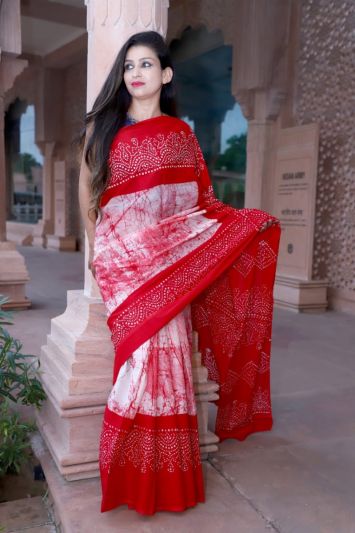NEW PURE COTTON MULMUL HAND BLOCK PRINTED SAREE WITH BLOUSE-Red White Printed