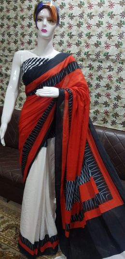 NEW PURE COTTON MULMUL HAND BLOCK PRINTED SAREE WITH BLOUSE-Red & White