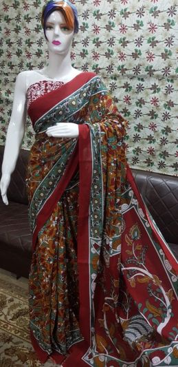 NEW PURE COTTON MULMUL HAND BLOCK PRINTED SAREE WITH BLOUSE-Brown Multi Printed 
