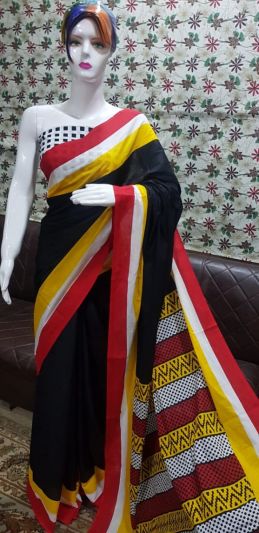 NEW PURE COTTON MULMUL HAND BLOCK PRINTED SAREE WITH BLOUSE-Black _Yellow Pallu