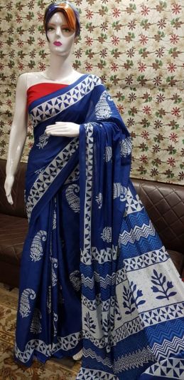 NEW PURE COTTON MULMUL HAND BLOCK PRINTED SAREE WITH BLOUSE-Blue White Printed