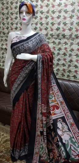 NEW PURE COTTON MULMUL HAND BLOCK PRINTED SAREE WITH BLOUSE-Brown Multi Color Printed