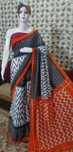 NEW PURE COTTON MULMUL HAND BLOCK PRINTED SAREE WITH BLOUSE-Black & Orange 