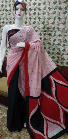 NEW PURE COTTON MULMUL HAND BLOCK PRINTED SAREE WITH BLOUSE-Multi Color Red Black