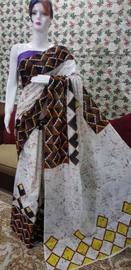 NEW PURE COTTON MULMUL HAND BLOCK PRINTED SAREE WITH BLOUSE-White Brown Printed
