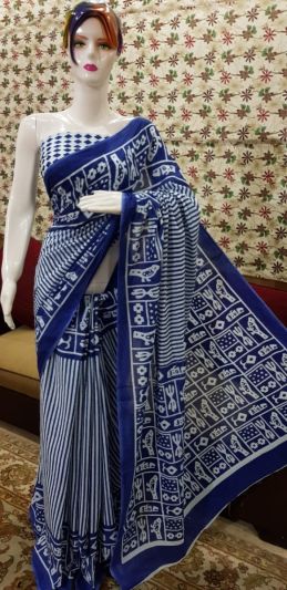 NEW PURE COTTON MULMUL HAND BLOCK PRINTED SAREE WITH BLOUSE-Blue & White