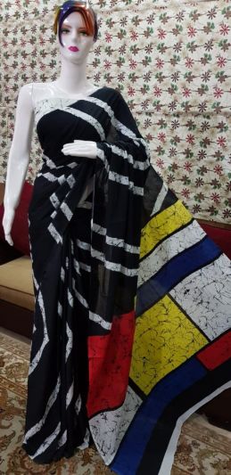 NEW PURE COTTON MULMUL HAND BLOCK PRINTED SAREE WITH BLOUSE-Black Multi Color Printed