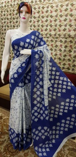 NEW PURE COTTON MULMUL HAND BLOCK PRINTED SAREE WITH BLOUSE-Blue & White Printed