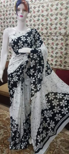 NEW PURE COTTON MULMUL HAND BLOCK PRINTED SAREE WITH BLOUSE-White Black Flower Printed