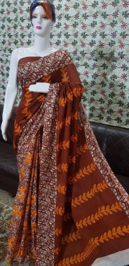 NEW PURE COTTON MULMUL HAND BLOCK PRINTED SAREE WITH BLOUSE- Brown