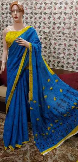 NEW PURE COTTON MULMUL HAND BLOCK PRINTED SAREE WITH BLOUSE- Blue & Yellow Printed
