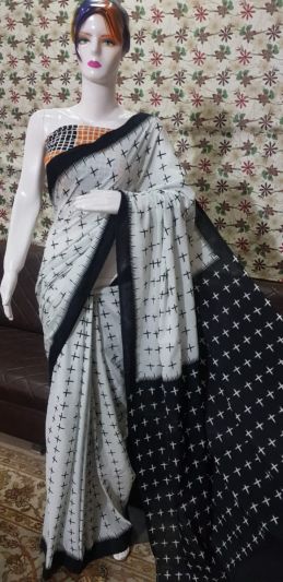 NEW PURE COTTON MULMUL HAND BLOCK PRINTED SAREE WITH BLOUSE-White & Black Pallu Printed