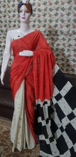 NEW PURE COTTON MULMUL HAND BLOCK PRINTED SAREE WITH BLOUSE-Red&white Red Pallu