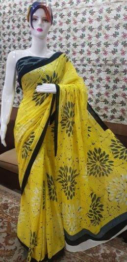 NEW PURE COTTON MULMUL HAND BLOCK PRINTED SAREE WITH BLOUSE-Yellow & Black Pallu Flower Printed