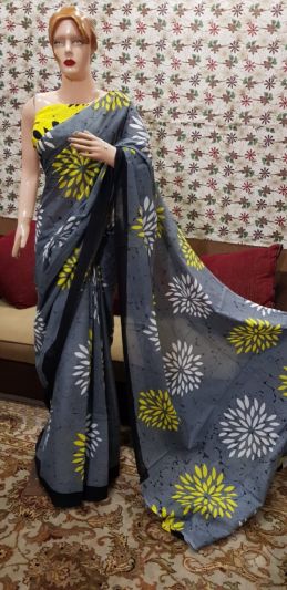 NEW PURE COTTON MULMUL HAND BLOCK PRINTED SAREE WITH BLOUSE-Dark Grey & White Yellow Flower Printed