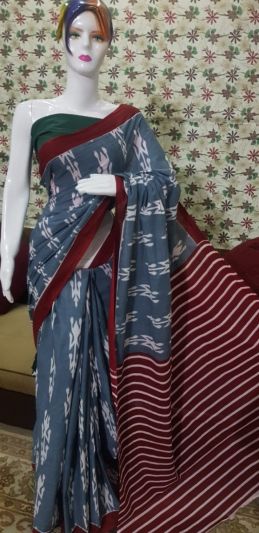 NEW PURE COTTON MULMUL HAND BLOCK PRINTED SAREE WITH BLOUSE-Dark Grey & Maroon