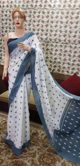 NEW PURE COTTON MULMUL HAND BLOCK PRINTED SAREE WITH BLOUSE-White & Grey Pallu
