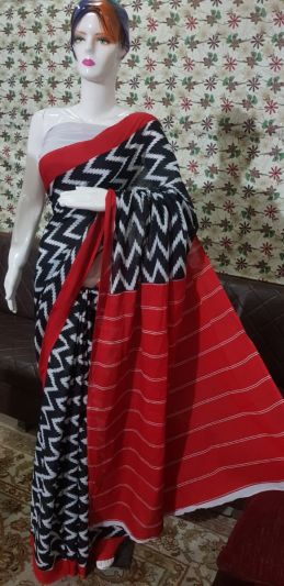 NEW PURE COTTON MULMUL HAND BLOCK PRINTED SAREE WITH BLOUSE-Black & Red Pallu Printed