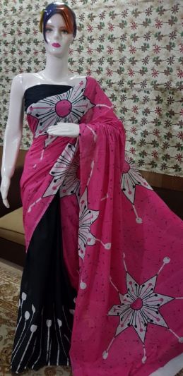 NEW PURE COTTON MULMUL HAND BLOCK PRINTED SAREE WITH BLOUSE-Black & Pink Pallu Printed