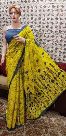 NEW PURE COTTON MULMUL HAND BLOCK PRINTED SAREE WITH BLOUSE-Yellow& Greay Printed