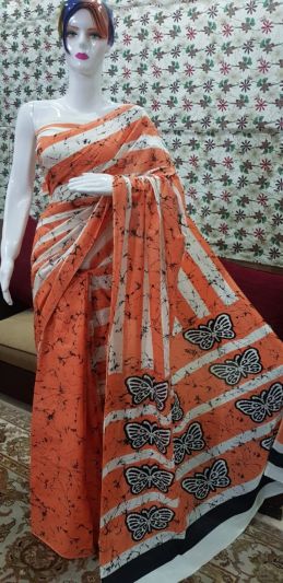 NEW PURE COTTON MULMUL HAND BLOCK PRINTED SAREE WITH BLOUSE-Multi Color