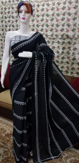 NEW PURE COTTON MULMUL HAND BLOCK PRINTED SAREE WITH BLOUSE-Black & White Printed
